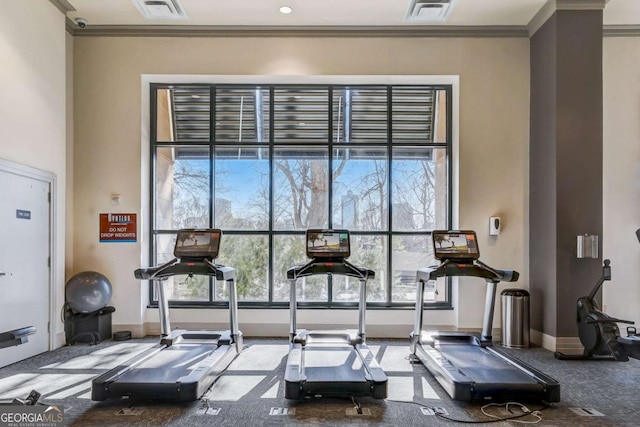 exercise room with ornamental molding