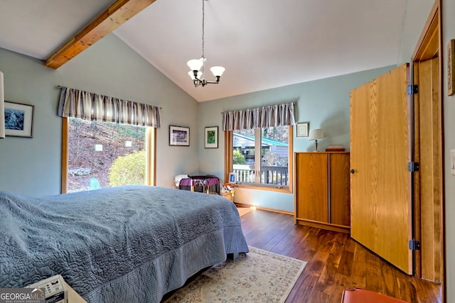 bedroom featuring vaulted ceiling with beams, dark wood-style floors, and a notable chandelier