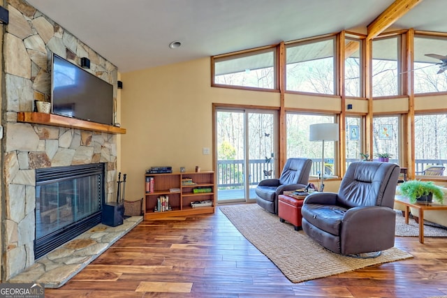 living room featuring high vaulted ceiling, wood finished floors, and a stone fireplace