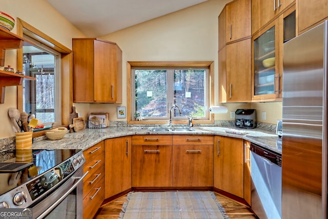 kitchen with appliances with stainless steel finishes, a wealth of natural light, a sink, and light stone counters