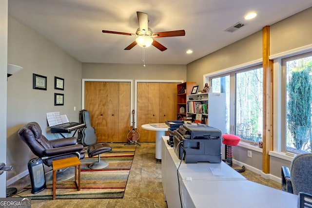 office space with recessed lighting, visible vents, ceiling fan, and baseboards