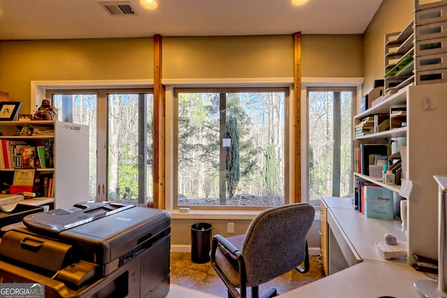 office area featuring visible vents, a wealth of natural light, and recessed lighting