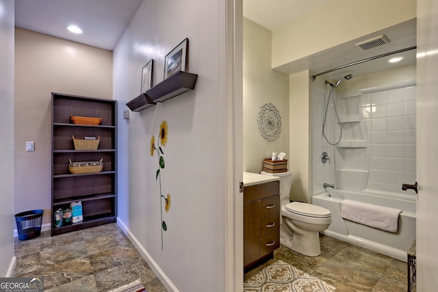 full bath with toilet, shower / bath combination, vanity, visible vents, and baseboards