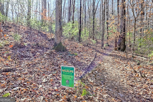 exterior space with a wooded view