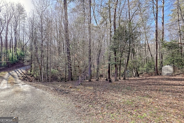 view of street with a wooded view