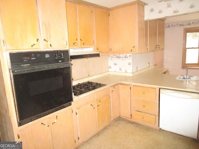 kitchen featuring sink, light brown cabinets, and black appliances