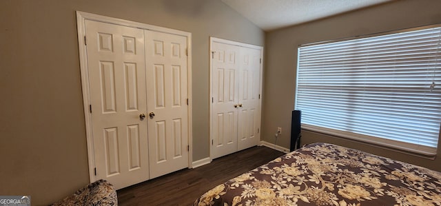 bedroom with multiple closets, lofted ceiling, dark hardwood / wood-style flooring, and multiple windows