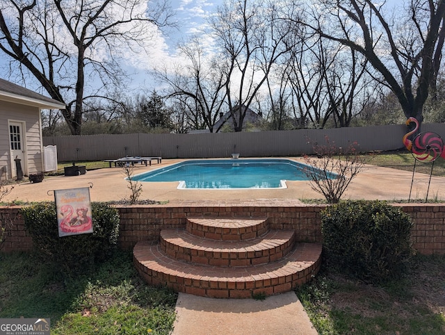 view of pool with a patio and a diving board