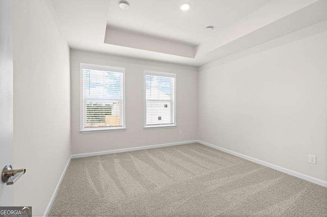 carpeted spare room featuring a tray ceiling