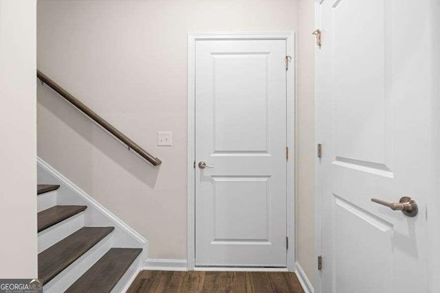 staircase featuring wood-type flooring