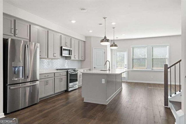 kitchen with pendant lighting, a center island with sink, gray cabinetry, and appliances with stainless steel finishes