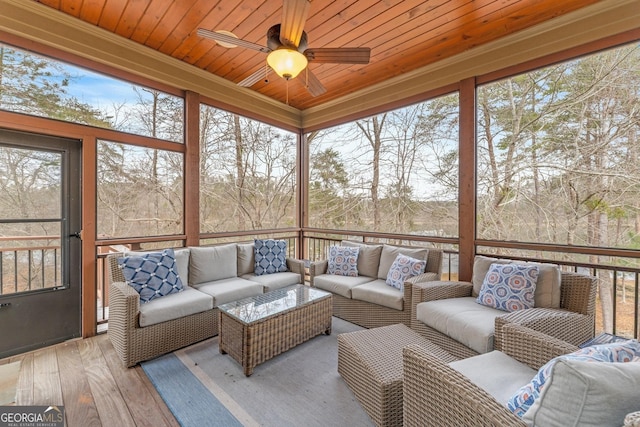 sunroom featuring wood ceiling, ceiling fan, and a wealth of natural light