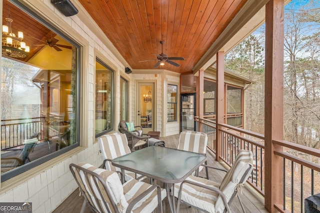 sunroom with wood ceiling, plenty of natural light, and ceiling fan