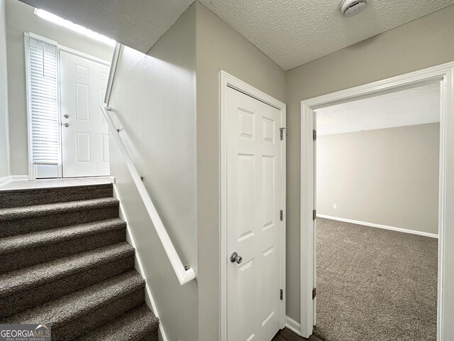 1202 Grove Trail Pass, Douglasville, GA 30134 - stairs with a textured ceiling and carpet floors