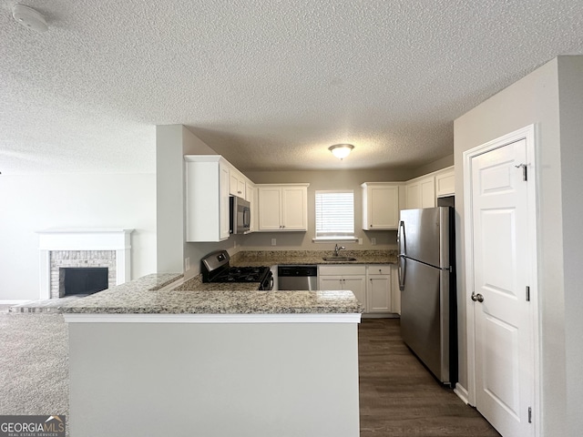 1202 Grove Trail Pass, Douglasville, GA 30134 - kitchen with appliances with stainless steel finishes, a peninsula, a textured ceiling, white cabinets, and light stone counters