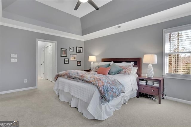 bedroom with crown molding, visible vents, a ceiling fan, light carpet, and baseboards