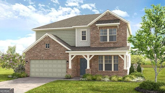 craftsman inspired home featuring a garage and a front yard