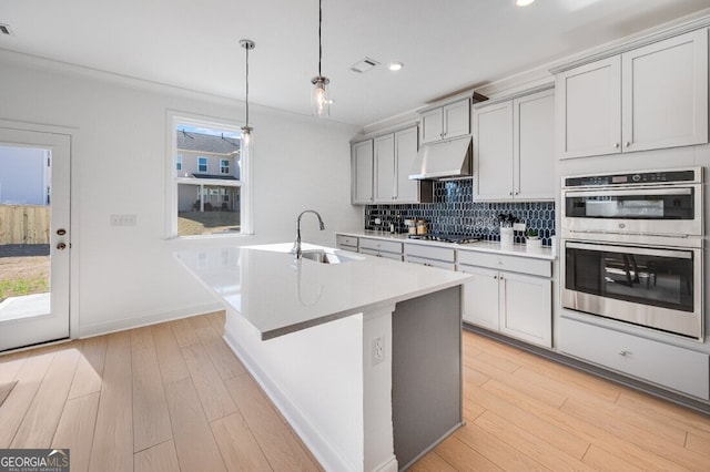 kitchen with under cabinet range hood, an island with sink, appliances with stainless steel finishes, light wood-style floors, and a sink