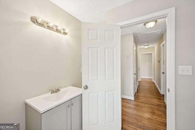 bathroom featuring vanity and wood-type flooring