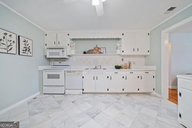 kitchen featuring white appliances, crown molding, ceiling fan, white cabinetry, and tasteful backsplash