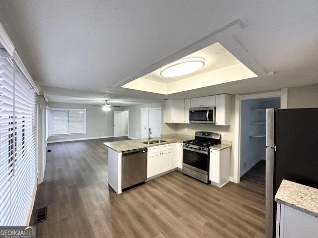 kitchen featuring sink, hardwood / wood-style floors, stainless steel appliances, white cabinets, and kitchen peninsula