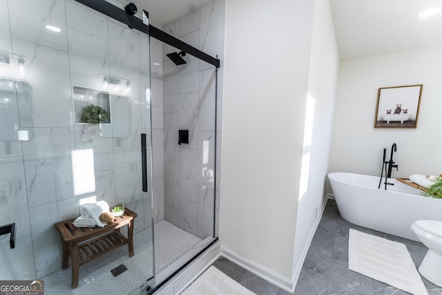 bathroom with independent shower and bath and toilet