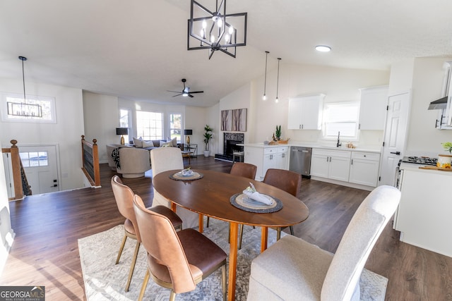 dining room with sink, plenty of natural light, and dark wood-type flooring