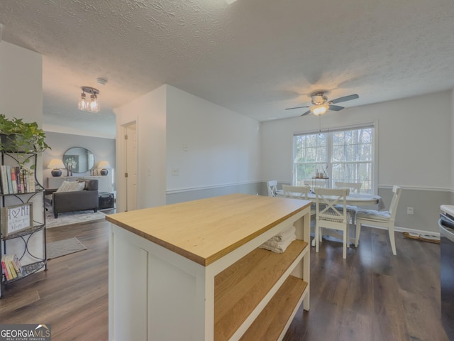 kitchen featuring ceiling fan, dark hardwood / wood-style flooring, and a textured ceiling