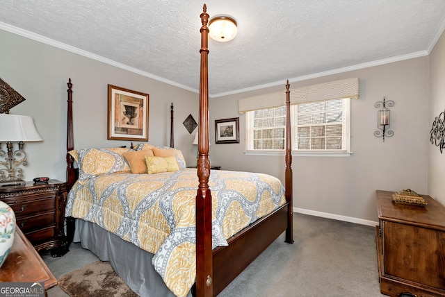 bedroom with ornamental molding, light carpet, and a textured ceiling