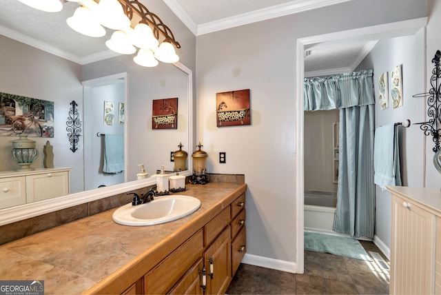 bathroom with crown molding, vanity, and shower / tub combo with curtain