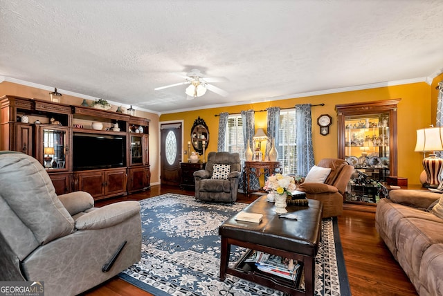 living room with crown molding, dark hardwood / wood-style flooring, and a wealth of natural light