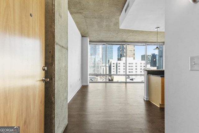 hall featuring dark wood-type flooring and expansive windows