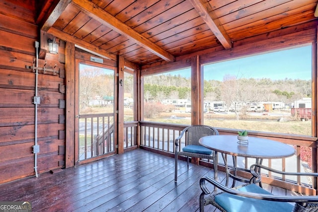 sunroom with plenty of natural light, beam ceiling, and wooden ceiling