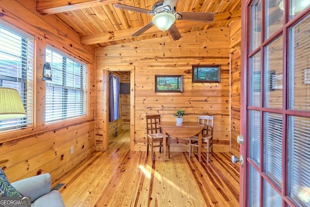 dining room with vaulted ceiling with beams, wood ceiling, light hardwood / wood-style flooring, wooden walls, and ceiling fan