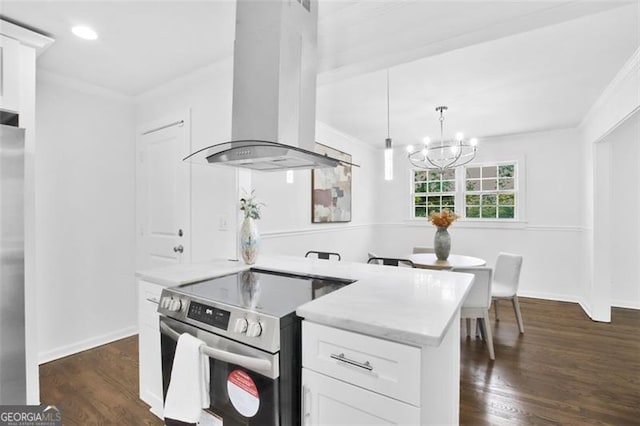 kitchen featuring island range hood, white cabinets, hanging light fixtures, appliances with stainless steel finishes, and dark wood finished floors