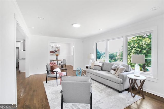 living room with baseboards and dark wood-style flooring