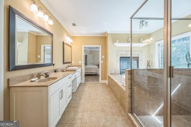 bathroom featuring independent shower and bath, crown molding, and tile patterned flooring