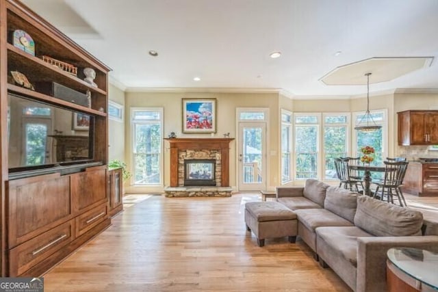 living room with a fireplace, light hardwood / wood-style flooring, and crown molding