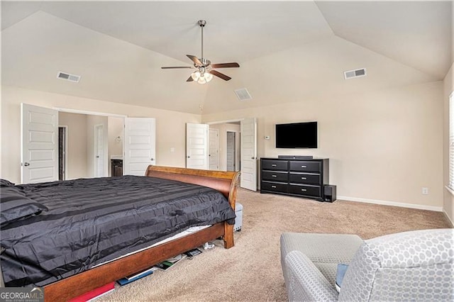 bedroom with carpet floors, vaulted ceiling, and ceiling fan