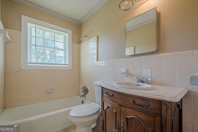 3710 Lynn Dr, Powder Springs, GA 30127 - full bathroom featuring toilet, vanity, tile walls, crown molding, and shower / tub combination