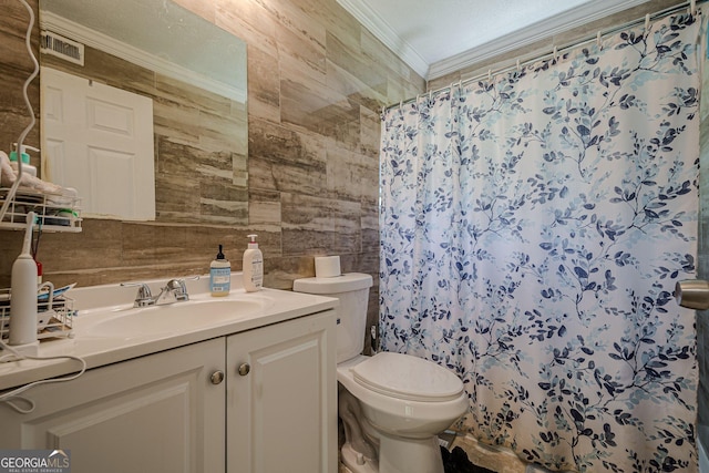 3710 Lynn Dr, Powder Springs, GA 30127 - bathroom with toilet, tile walls, backsplash, vanity, and ornamental molding