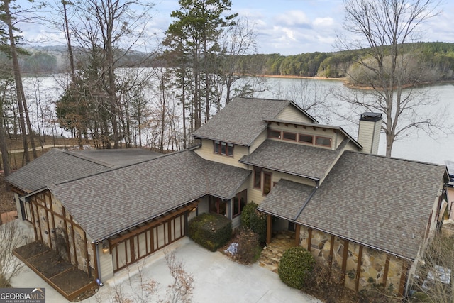 aerial view featuring a water view