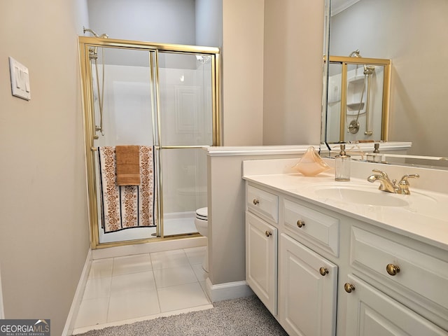 bathroom with vanity, an enclosed shower, tile patterned floors, and toilet