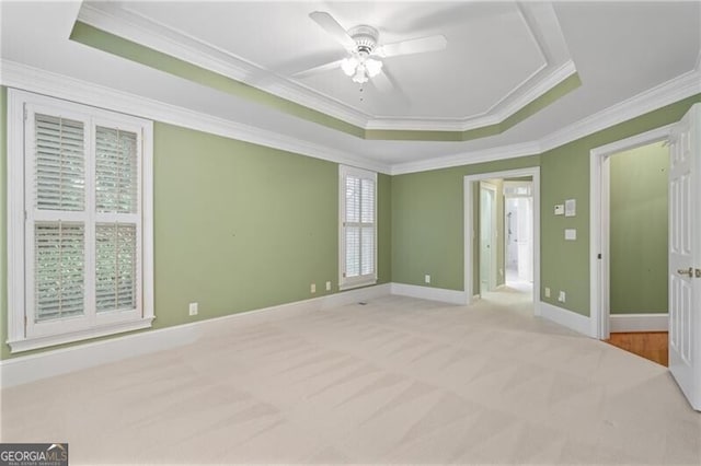 carpeted empty room featuring ceiling fan, ornamental molding, and a raised ceiling