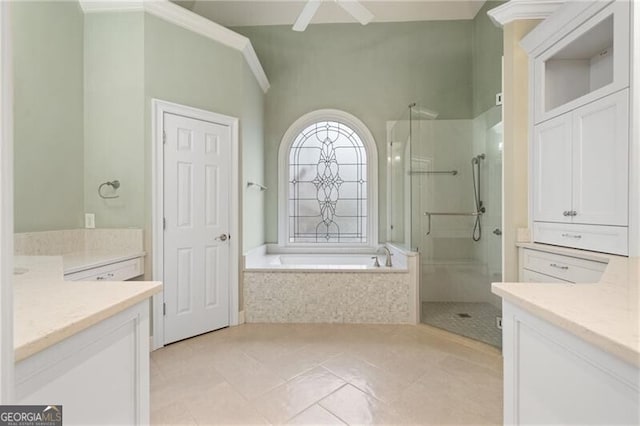 bathroom featuring vanity, tile patterned floors, and independent shower and bath