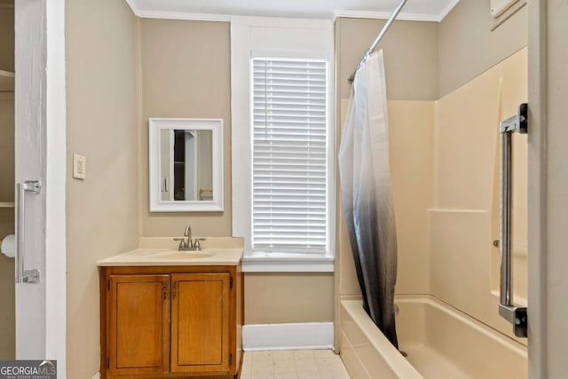 bathroom featuring vanity and shower / bath combo with shower curtain