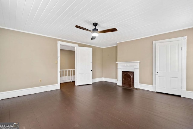 unfurnished living room with dark wood-type flooring, ceiling fan, and crown molding