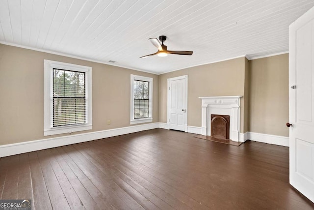 unfurnished living room featuring ornamental molding, ceiling fan, and dark hardwood / wood-style flooring