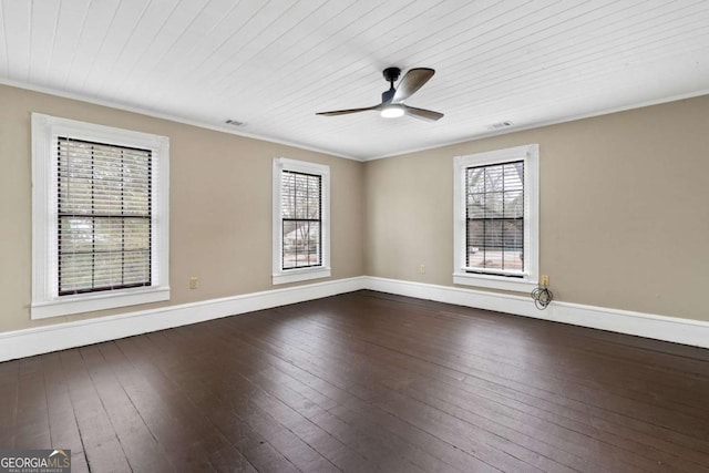 empty room with crown molding, dark wood-type flooring, wooden ceiling, and ceiling fan