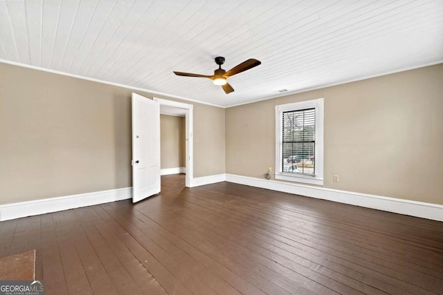 empty room with crown molding, ceiling fan, wood ceiling, and dark hardwood / wood-style flooring